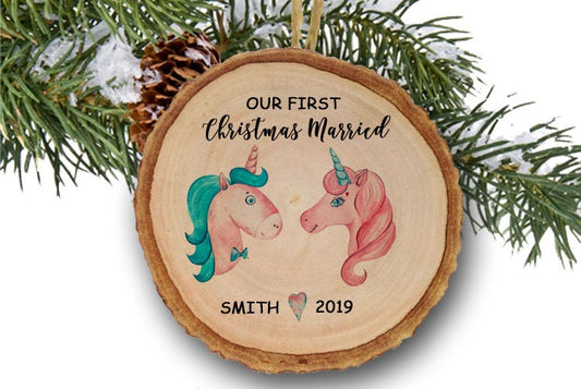 1st Christmas, Unicorn Ornament, Married ornament, wedding ornament, Mr. and Mrs. Ornament, Our first Christmas, Wooden ornament