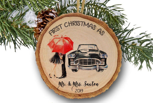 Mr. and Mrs. Ornament, First Christmas, Bridal Gift, Shower Gift, Vintage car, Engagement gift, Wooden ornament, Married ornament