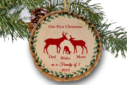 Family of 3 Christmas Ornament, personalized, Family ornament, Our First Christmas, New Baby ornament, Wooden ornament, Gift