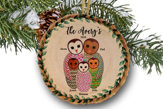 Personalized Family Christmas Ornament Owl Family of 5 Owls Ornament Christmas Gift Custom Ornament Holiday Gift Name & Date Five