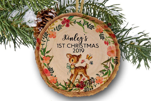 Baby Deer Ornament, First Christmas Ornament, Baby Girl ornament, Fawn Deer Personalized Christmas Ornament, Baby gift, Wooden Ornament