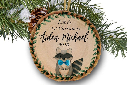 Baby's First Christmas Rustic Raccoon wood slice ornament - ornament gift for baby's 1st Christmas