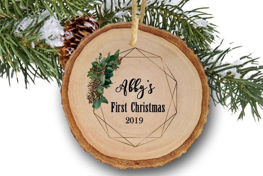 Personalized First Christmas Baby Girl Wooden Botanical Wood slice Decoration Ornament Keepsake 2019