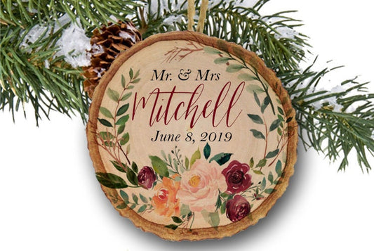 First Christmas ornament married, Mr. and Mrs. Ornament, Newlywed Christmas ornament, Wedding gift, rustic wood slice ornament - 2019