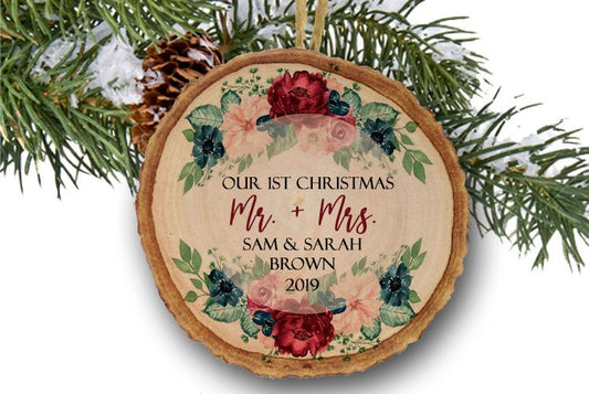 Rustic First Christmas as Mr & Mrs Ornament Our First Christmas Married Ornament Newlywed Christmas Ornament Wedding Ornament Wood Floral