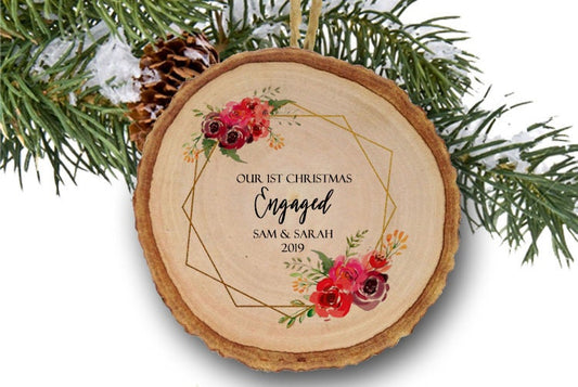 Personalized Engagement Ornament - Floral, Wooden ornament, Personalized Engagement Gift, Gifts for Couple