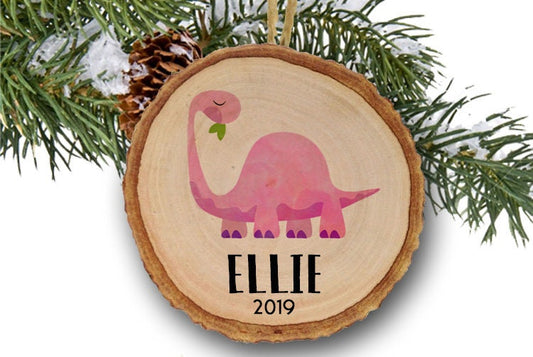 Personalized Dinosaur Ornament, Watercolor Dinosaur, Girl, Pink, Baby Ornament, Wood Slice Ornament, Wooden