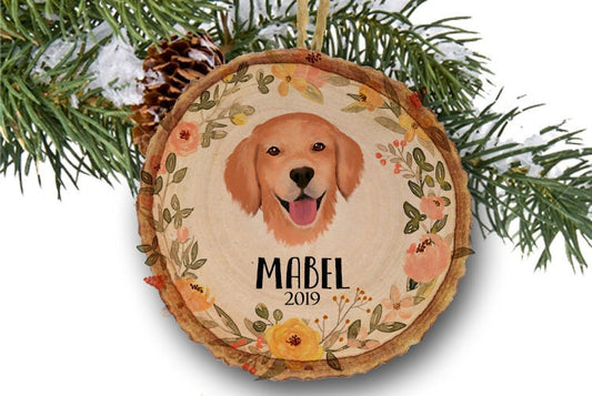 Yellow Labrador Ornament, floral wreath,  Personalized Christmas Ornament with Flowers, wood slice ornament, wooden ornament