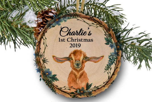 Personalized Christmas Ornament, Goat on Wood, Baby's 1st Christmas, Watercolor, Baby's 1st Christmas 2019, Boy Ornament