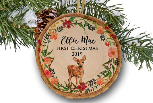 Baby's First Christmas Ornament, Personalized Christmas Ornaments, Fawn Ornament, Deer Ornament, Rustic ornament, baby girl, wood slice