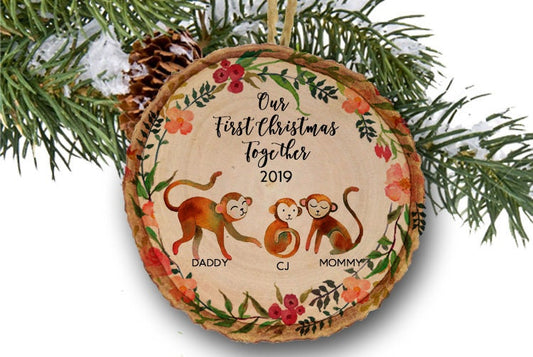 Monkey First Christmas Baby Ornament Personalized Family Christmas Ornaments for Family of 3 three New Baby Christmas Gift Family Ornament