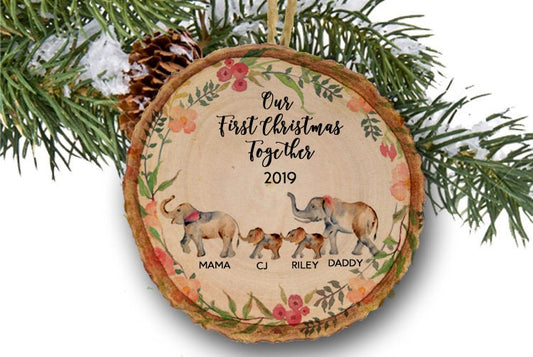 New Baby Christmas Ornament New Baby Gift Christmas Family Ornament Our First Christmas as Family of Four 4 Elephant Personalized Ornament