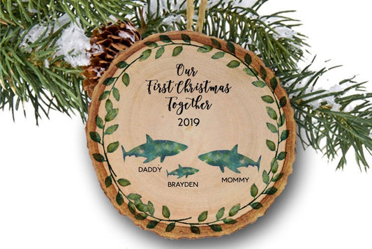 New Baby Christmas Ornament New Baby Gift Christmas Family Ornament Our First Christmas as Family of Three 3 Shark Personalized Ornament