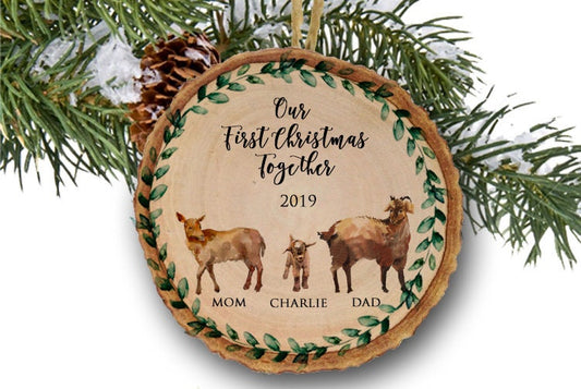 New Baby Christmas Ornament New Baby Gift Christmas Family Ornament Our First Christmas as Family of Three 3 Goat Personalized Ornament