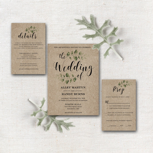 Vintage Wedding Invitation Set, Kraft Wedding Invitation, Rustic Wedding Invitation, Greenery Wedding-ALLEY