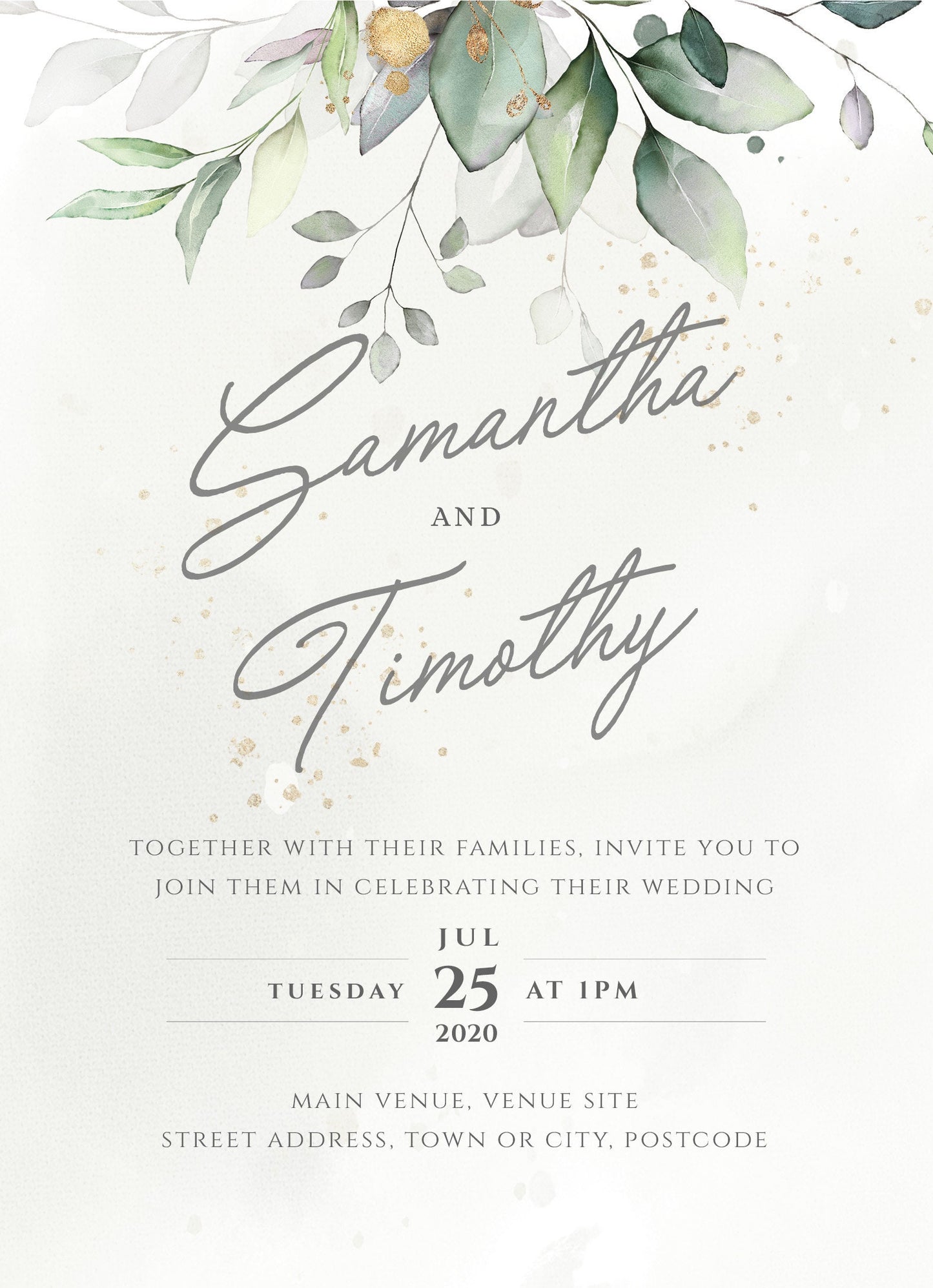 Eucalyptus and Gold Wedding Invitation Suite, Gold Watercolor Greenery, Wedding Invitations and RSVP postcard, SAMANTHA