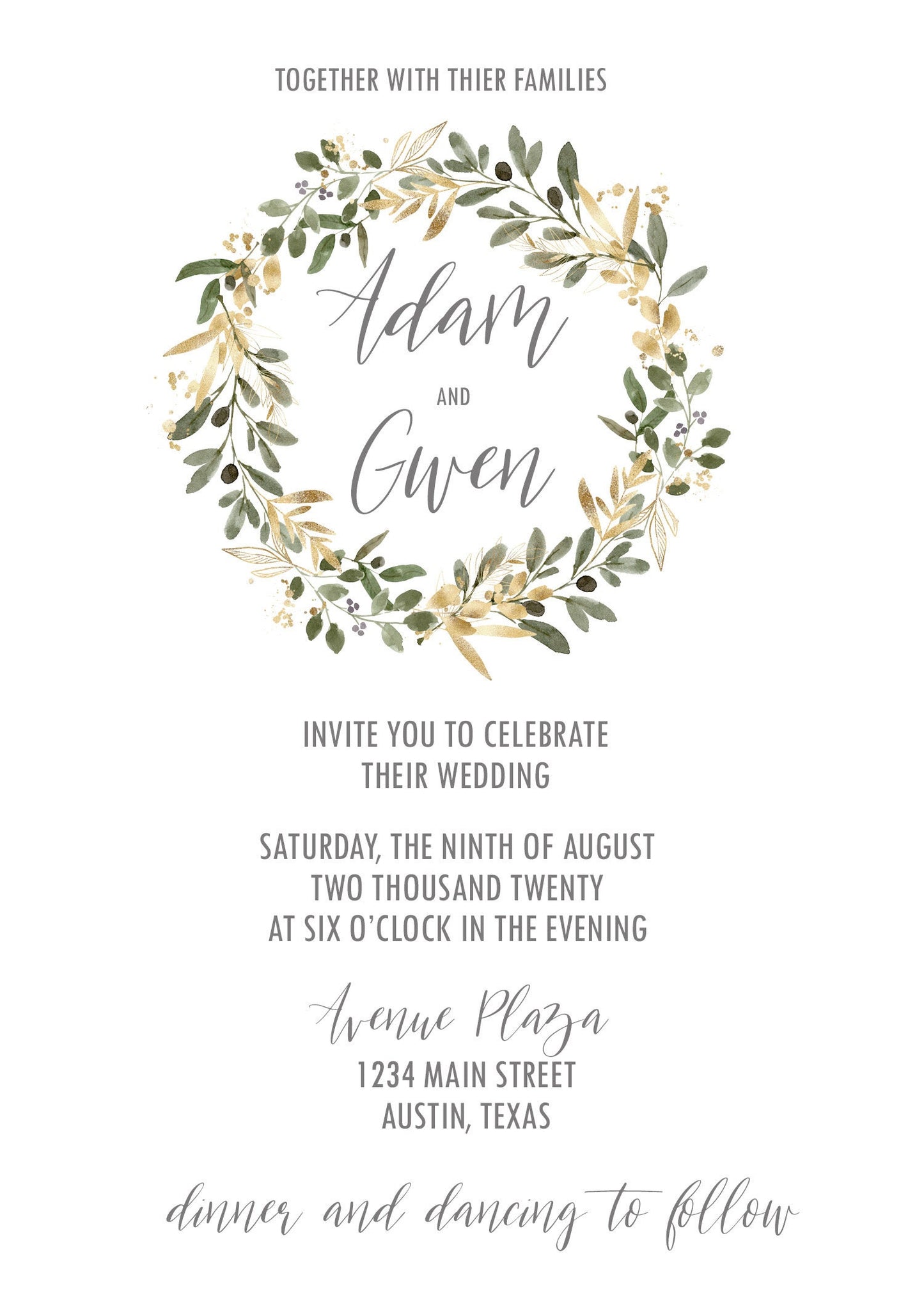 Boho Wedding Invitation Template Suite, Gold Leaf Greenery Wedding Invitation Set, Printed Wedding Invitation, Digital Download