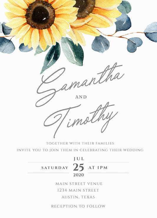 Sunflower and Eucalyptus Wedding Invitation Suite, Rustic Sunflower Wedding invitations, Greenery Wedding, Sunflower invitation and rsvp