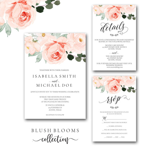 Blush Wedding Invitation Suite, Watercolor Pink, Floral Wedding Invitation Set, Wedding Invite,Custom, Blush Blooms Collection