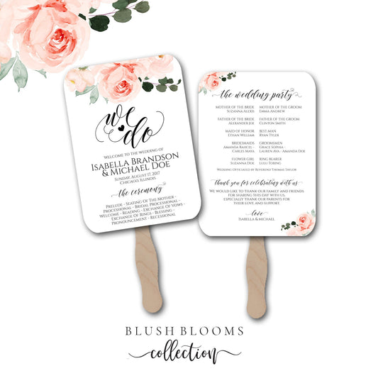 Floral Wedding Program Fan - Printed Wedding Fan - Ceremony Programs - Wedding Programs -  Fully Assembled - Blush Blooms Collection