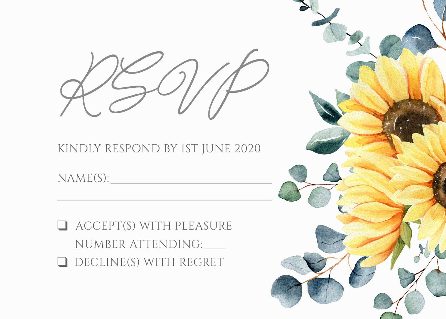 Sunflower and Eucalyptus Wedding Invitation Suite, Rustic Sunflower Wedding invitations, Greenery Wedding, Sunflower invitation and rsvp