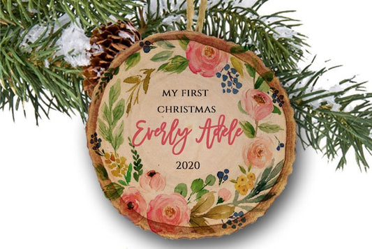 Baby's First Christmas Ornament - Personalized Baby Girl First Christmas Baby Ornament - Pink Wreath