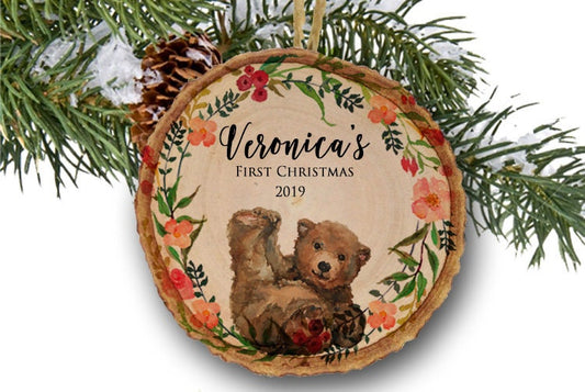 Baby's first Christmas ornament,Christmas ornament,Personalized Christmas ornament,Baby's first Christmas, cute bear, floral, tree slice