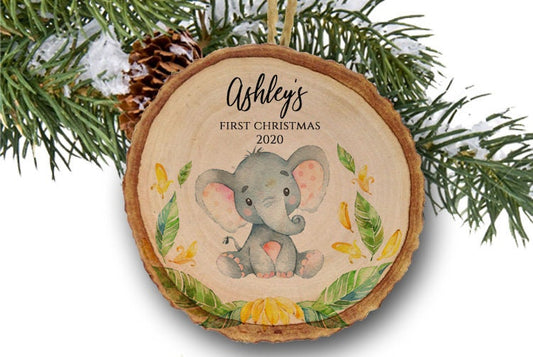 Elephant Baby Christmas Ornament Personalized Safari Animals Baby Girl or Boy 1st First Christmas Baby Shower Gift New Baby Ornament