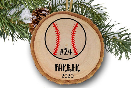 Personalized baseball ornament, Ornaments for kids, Sports ornament, personalized gift, tree slice, rustic, wooden