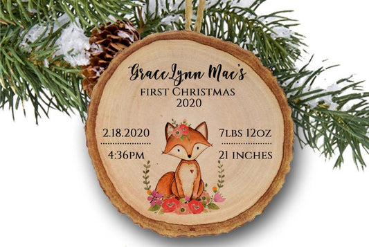 Baby 1st Christmas ornament-Fox birth announcement Christmas Ornament-woodland fox Christmas ornament-Personalized baby Christmas Ornament