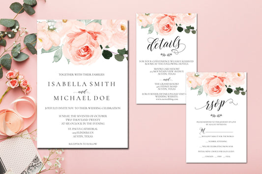 Blush Wedding Invitation Suite, Watercolor Pink, Floral Wedding Invitation Set, Wedding Invite,Custom, Blush Blooms Collection