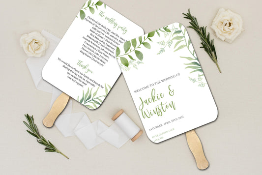 Wedding Program Fan, Greenery Leaves,  Printed and Assembled, Greenery, Simple Wedding