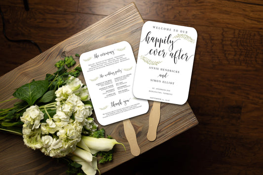 Wedding Program Fan, Printed and Assembled, Greenery, Simple Wedding, Happily Ever After