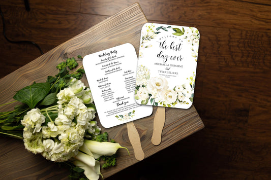 Wedding Program Fan, Printed and Assembled, White Floral, Simple Wedding
