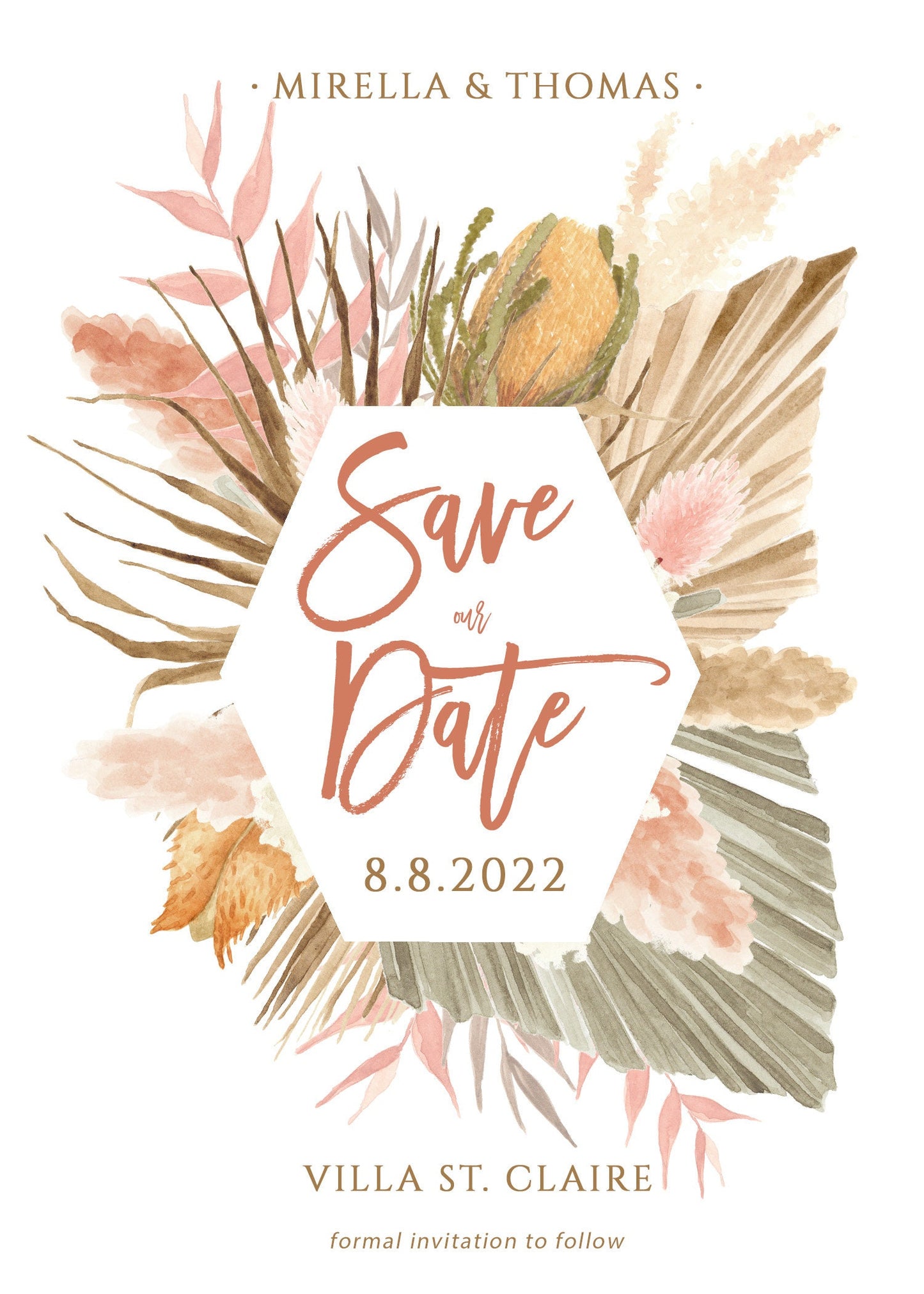 Pampas Grass Save the Date, Wedding Boho Save the Date, Modern Rustic - PRINTED - FREE SHIPPING