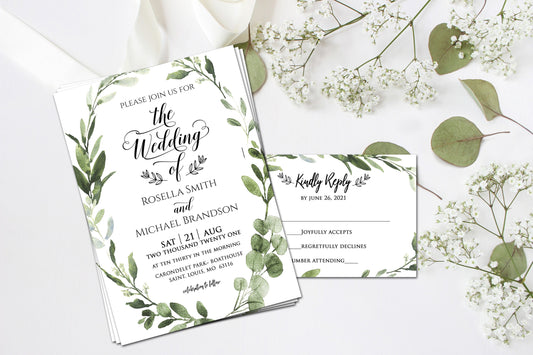 Greenery Wedding Invitation Set, Greenery Wedding Invite, RSVP and Details Card, Greenery Eucalyptus - PRINTED