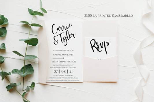 Printed and Assembled Wedding Invitation Template Set Pocketfold, Modern Calligraphy, Pocket fold Wedding