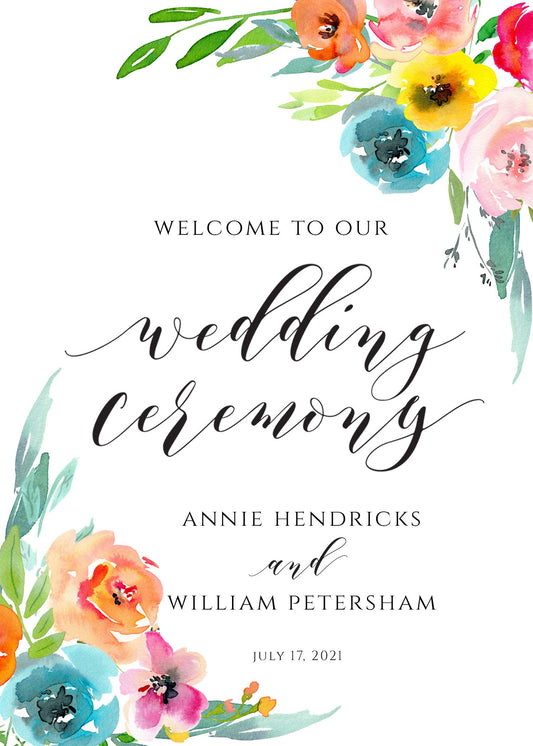 Summer Wedding Program Fan, Printed and Assembled, Elegant, Bright Floral Wedding, Outdoor wedding fan
