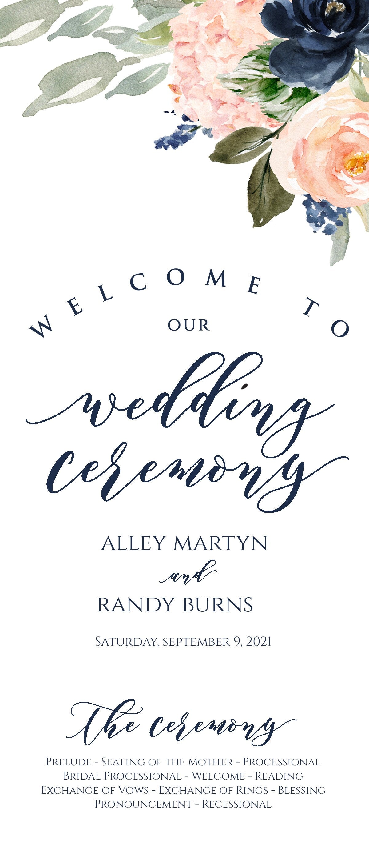 PRINTED Wedding Ceremony Program, Custom Program, Long, Tea Length, Order of Service, Navy and Blush, Country, Garden Watercolor Flowers