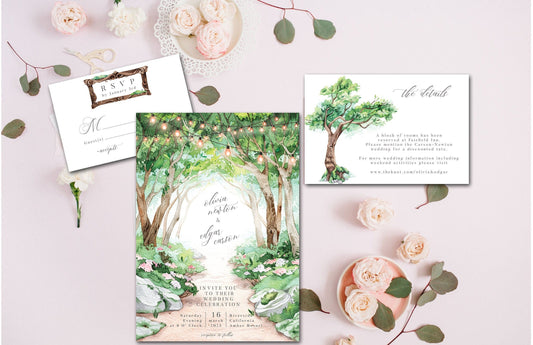 Romantic Enchanted Forest Wedding Invitation, Garden Wedding, String Lights  Outdoor Wedding, Tree Invitation - PRINTED