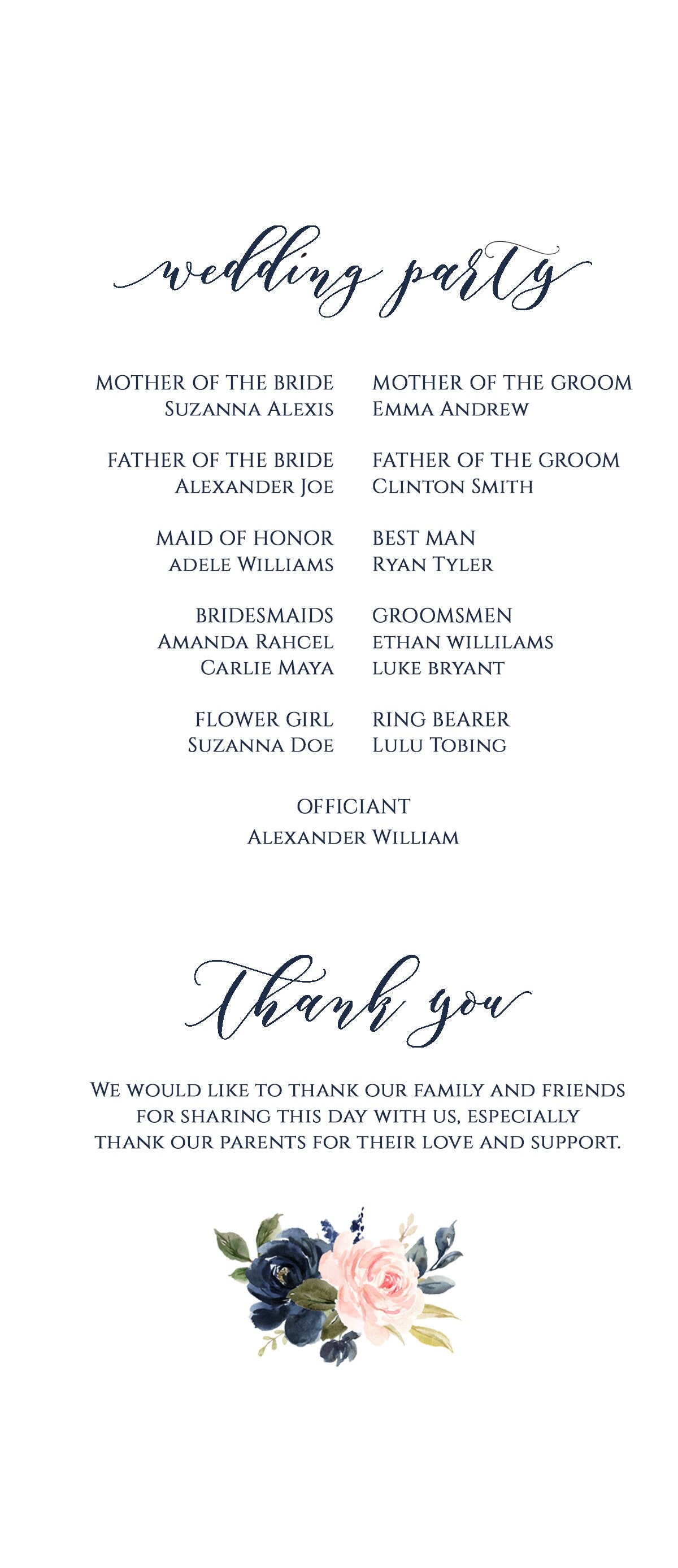 PRINTED Wedding Ceremony Program, Custom Program, Long, Tea Length, Order of Service, Navy and Blush, Country, Garden Watercolor Flowers