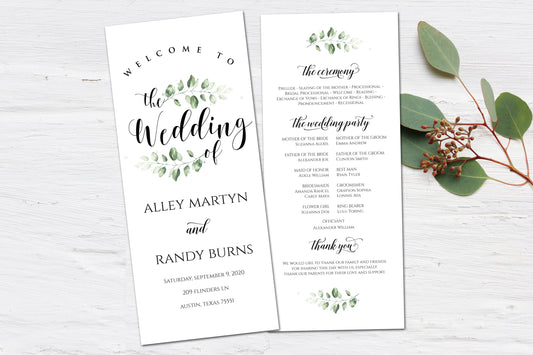 Simple Wedding Programs Printed Ceremony Program Eucalyptus Greenery