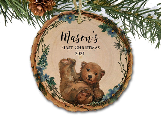 Baby's first Christmas ornament,Christmas ornament,Personalized Christmas ornament,Baby's first Christmas, cute bear, woodland, tree slice