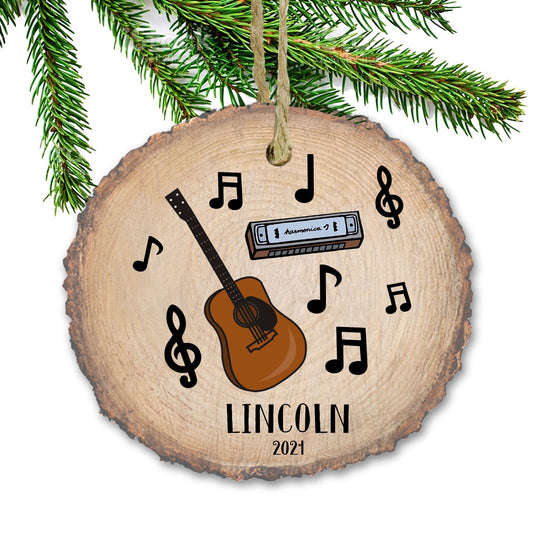 Personalized Christmas Ornament Guitar, harmonica Personalized Music Ornaments for kids, Natural Wood Slice ornament