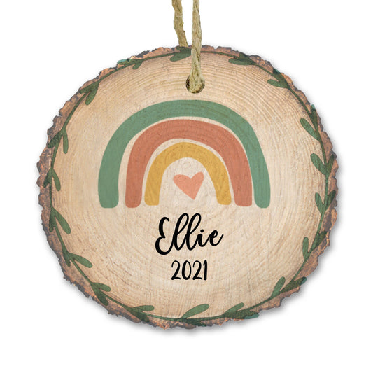 Personalized Boho Rainbow Wood slice ornament, Grandchild gift, Memory Keepsake