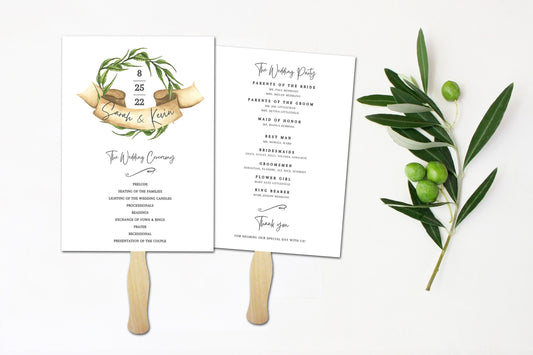 Ceremony Program fan, Green Wedding, Outdoor wedding, Simple wedding fans - Printed and Assembled