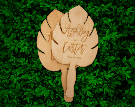 Wooden Hand Fans for Wedding or Event, Engraved Gift, Wedding fan favors, Outdoor ceremony fan-Monstera leaf
