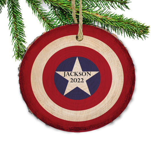 America Christmas ornament, Superhero ornament, Toy, Personalized Name Ornament for kids, Marvel, Avengers Christmas gift, Wood slice