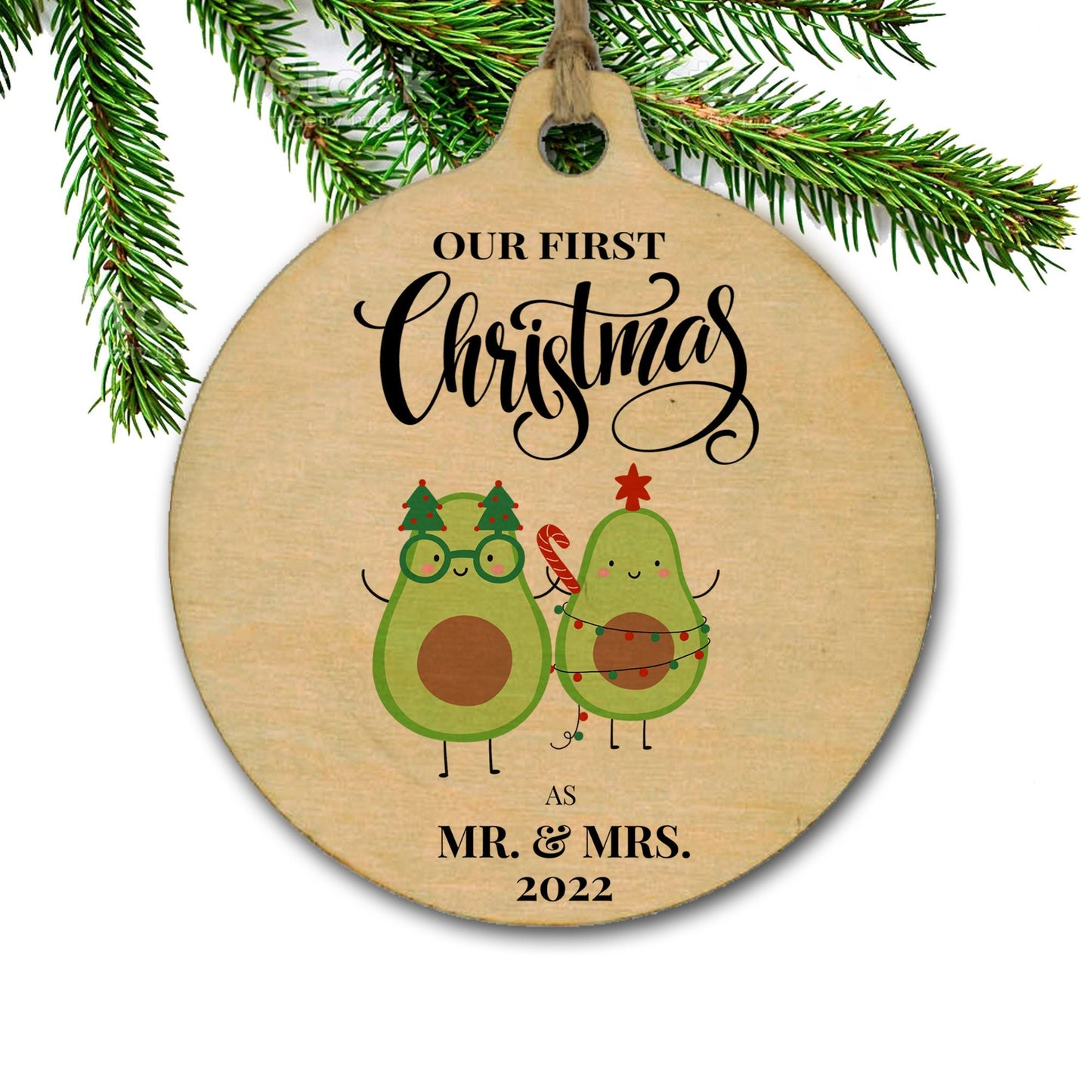 Mr. & Mrs. Christmas ornament, wedding gift, First Christmas, Avocado gift, Just married, 3" wooden ornament