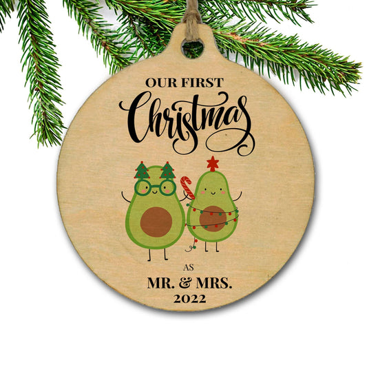 Mr. & Mrs. Christmas ornament, wedding gift, First Christmas, Avocado gift, Just married, 3" wooden ornament
